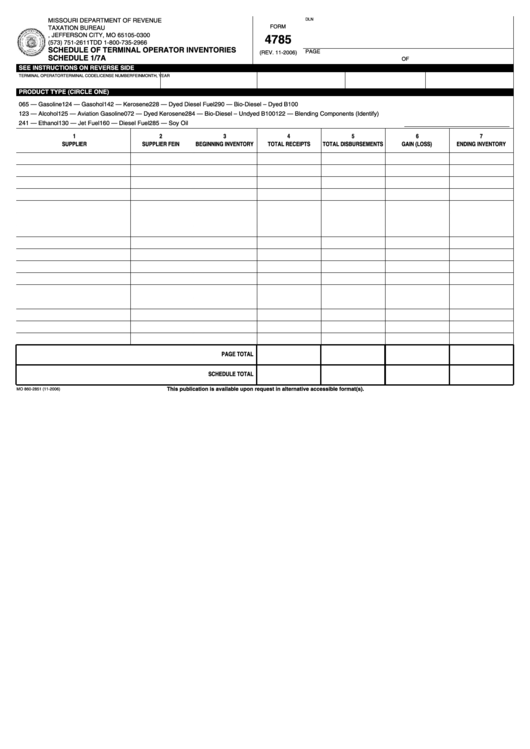 Fillable Form 4785 - Schedule Of Terminal Operator Inventories Printable pdf