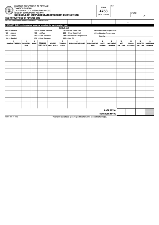 Fillable Form 4758 - Schedule Of Supplier State Diversion Corrections Printable pdf