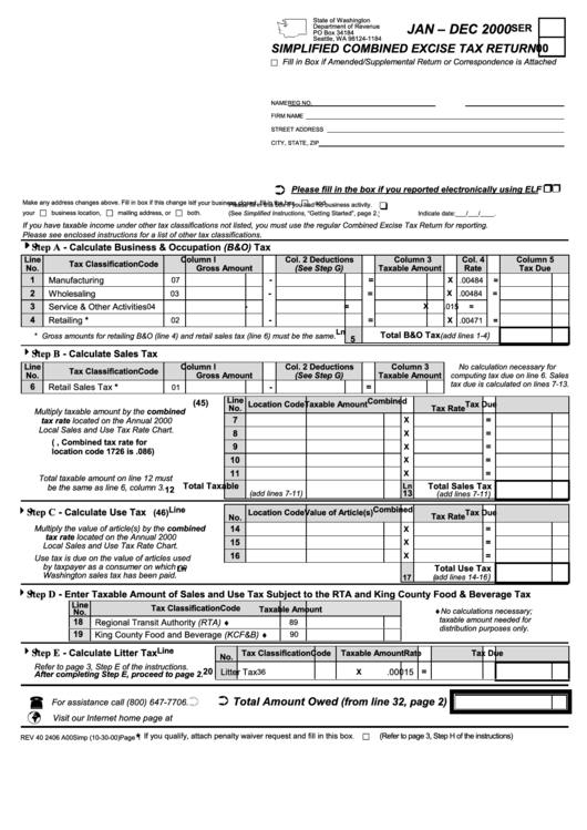 Simplified Combined Excise Tax Return Form - Washington Department Of Revenue - 2000 Printable pdf