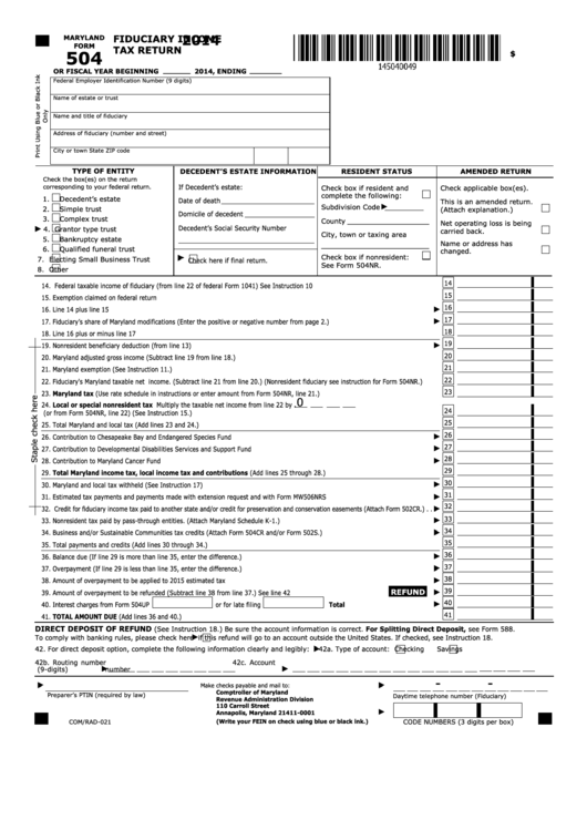 Fillable Maryland Form 504 - Fiduciary Income Tax Return/schedule K-1 - Fiduciary Modified Beneficiary