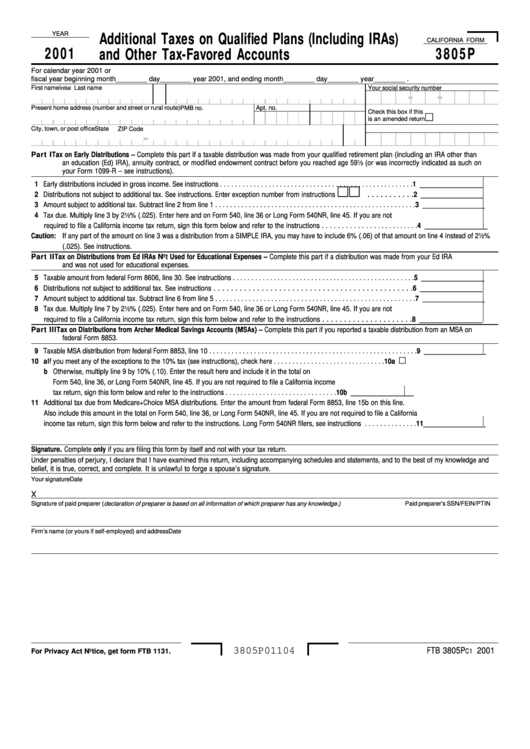 California Form 3805p - Additional Taxes On Qualified Plans (Including Iras) And Other Tax-Favored Accounts - 2001 Printable pdf