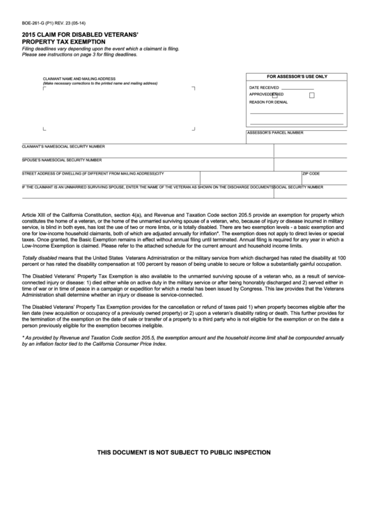 Fillable Form Boe-261-G (P1) - Claim For Disabled Veterans