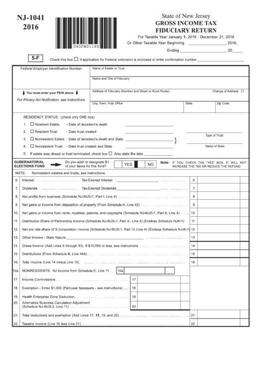 Fillable Form Nj-1041 - Gross Income Tax Fiduciary Return - 2016 Printable pdf