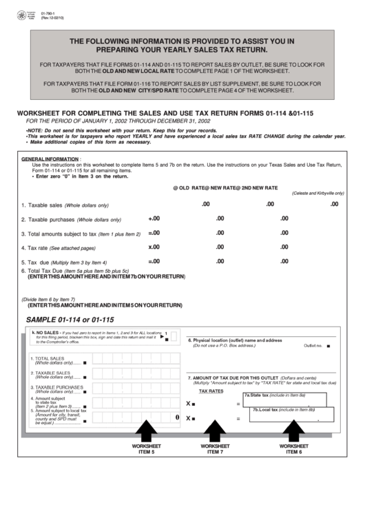 Fillable Form 01-790-1, 01-790-2 - Worksheet For Completing The Sales And Use Tax Return Forms 01-114 & 01-115 Printable pdf