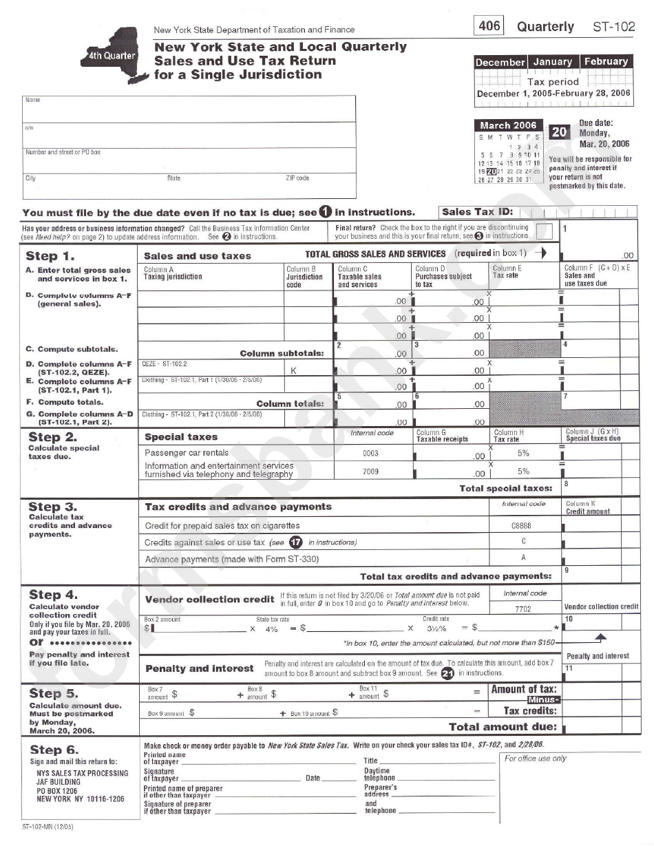 Form St-102-Mn - Quarterly Sales And Use Tax Return For Single Jurisdiction