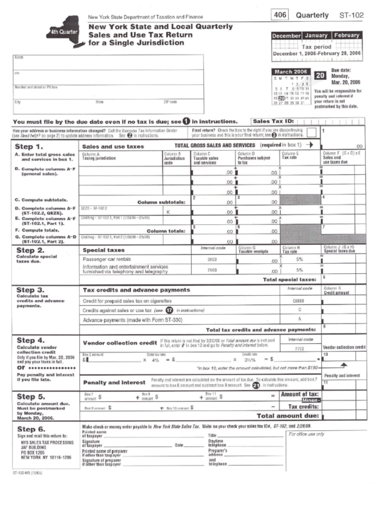 Form St-102-Mn - Quarterly Sales And Use Tax Return For Single Jurisdiction Printable pdf