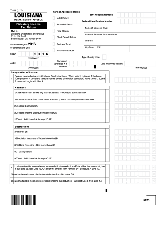 Fillable Form It-541 - Fiduciary Income Tax Return - 2016 Printable pdf
