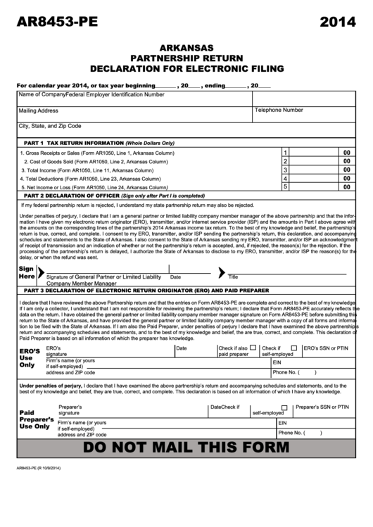 Form Ar8453-Pe - Arkansas Partnership Return Declaration For Electronic Filing - 2014 Printable pdf