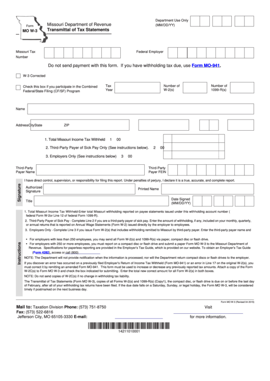 Fillable Form Mo W-3 - Transmittal Of Tax Statements Printable pdf