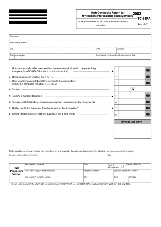 Form Tc-65pan - Utah Composite Return For Nonresident Professional Team Members Printable pdf