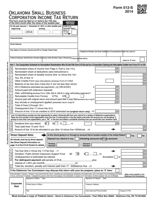 Fillable Form 512-S - Corporation Income Tax Return - Oklahoma Small Business - 2014 Printable pdf