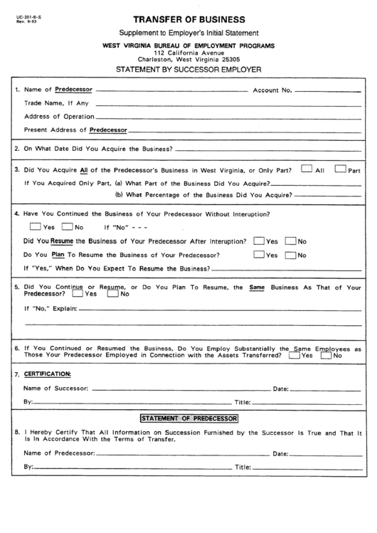 Form Uc-201-B-S - Statement By Successor Employer Printable pdf