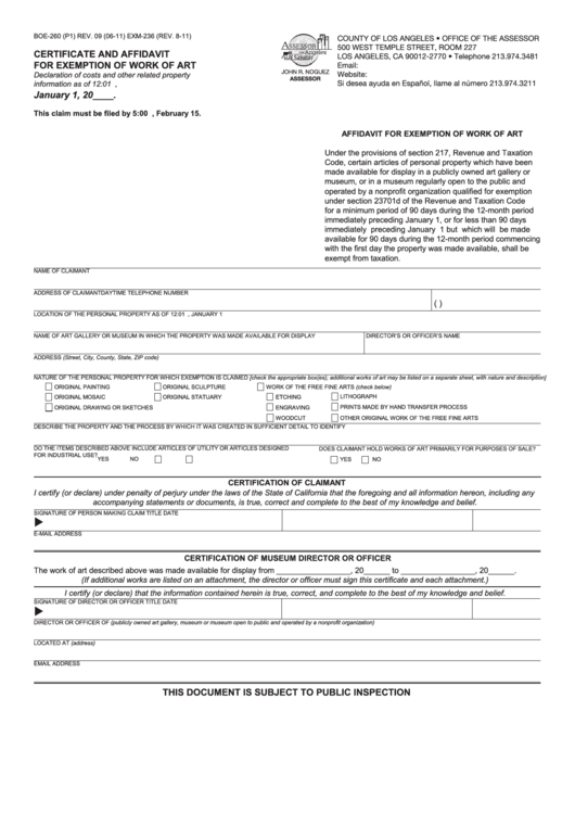 Fillable Form Boe-260 - Certificate And Affidavit For Exemption Of Work Of Art Printable pdf
