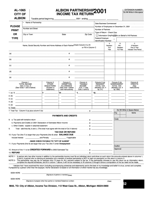 Form Al-1065 - Albion Partnership Income Tax Return - 2001 Printable pdf