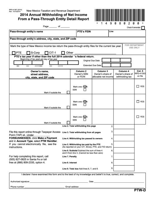 Form Rpd-41367 - Annual Withholding Of Net Income From A Pass-Through Entity Detail Report - 2014 Printable pdf