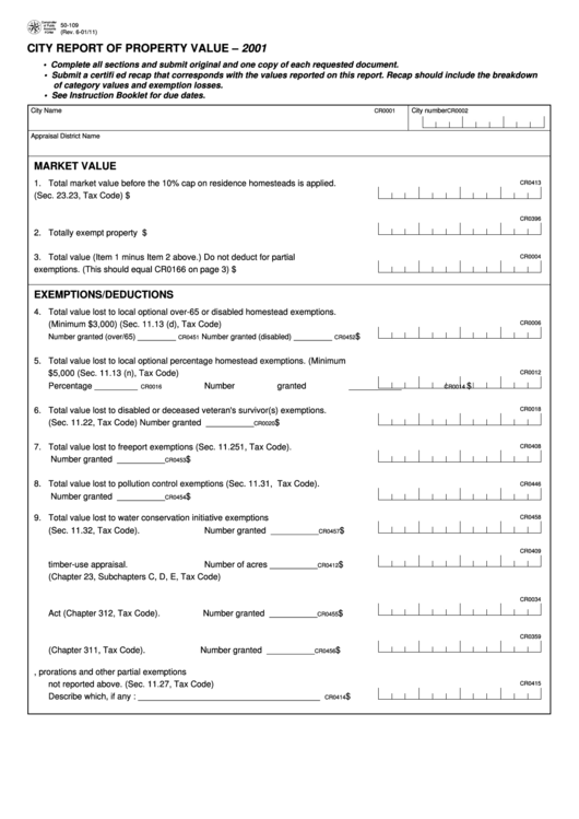 Form 50-109 - City Report Of Property Value - 2001 Printable pdf