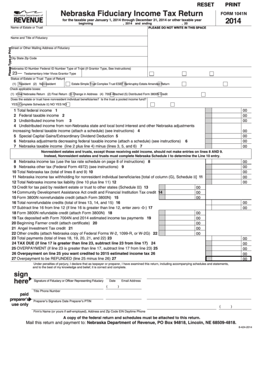 Fillable Form 1041n - Nebraska Fiduciary Income Tax Return - 2014 Printable pdf