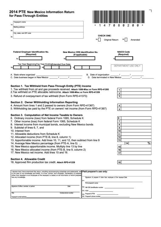 Form Pte - E New Mexico Information Return For Pass-Through Entities - 2014 Printable pdf