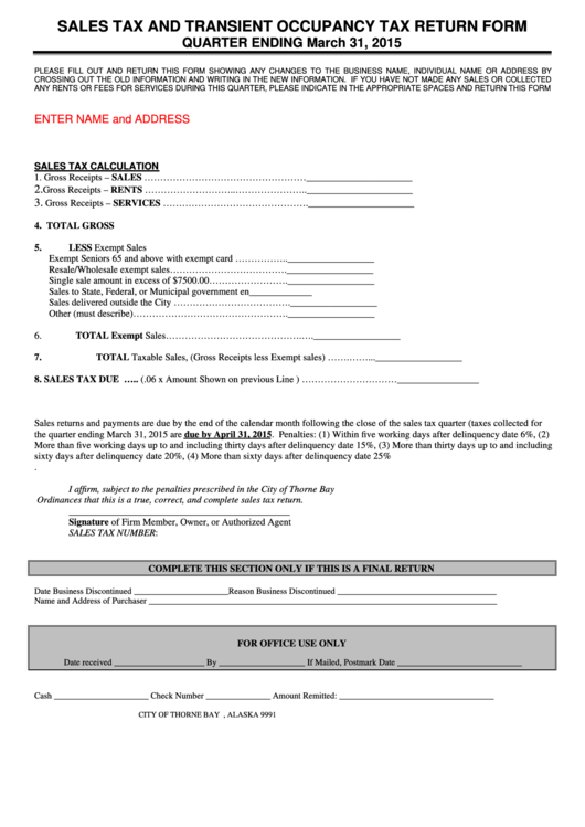 Sales Tax And Transient Occupancy Tax Return Form - City Of Thorne Bay - 2015 Printable pdf