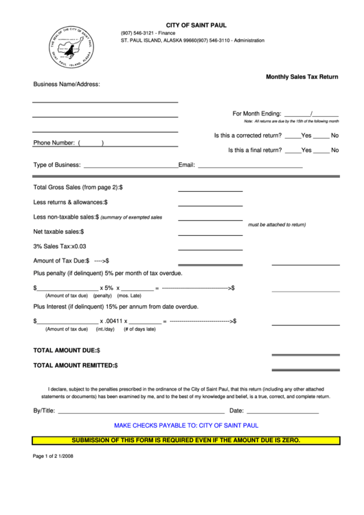 Monthly Sales Tax Return Form - City Of Saint Paul, Alaska - 2008 Printable pdf