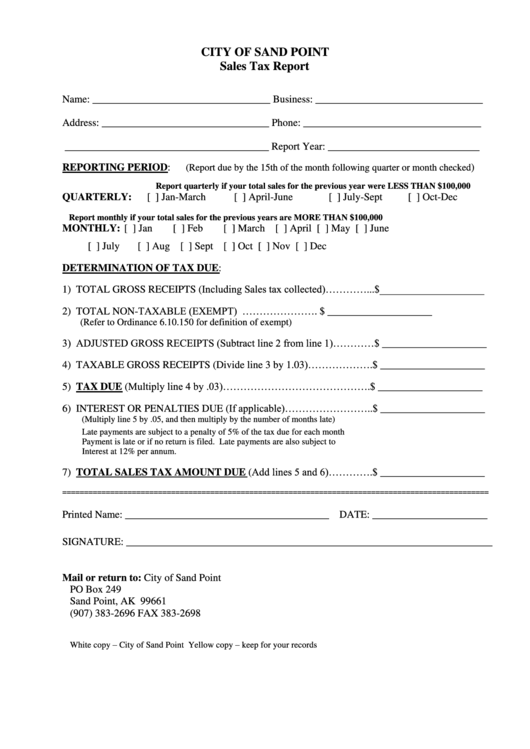 Sales Tax Report Form - City Of Sand Point, Alaska Printable pdf