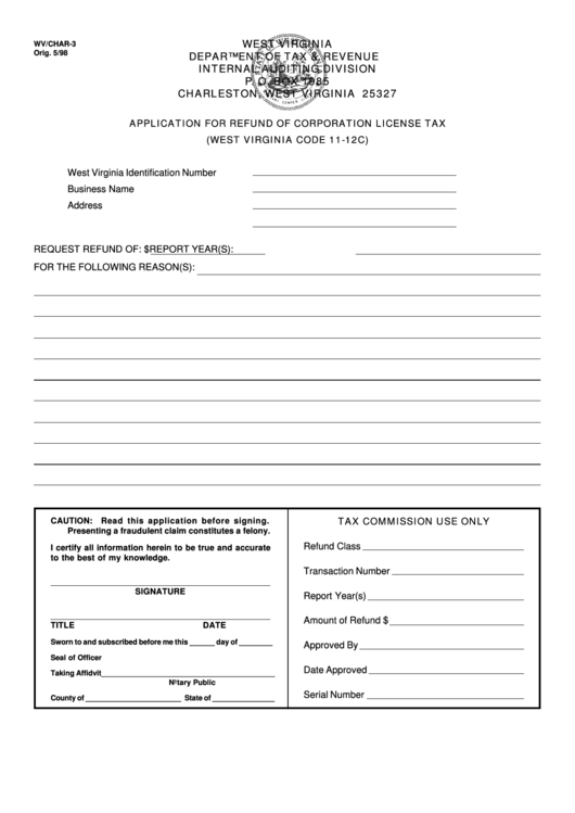 Form Wv/char-3 - Application For Refund Of Corporation License Tax Printable pdf