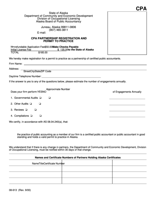 Form 08-613 - Cpa Partnership Registration And Permit To Practice Printable pdf