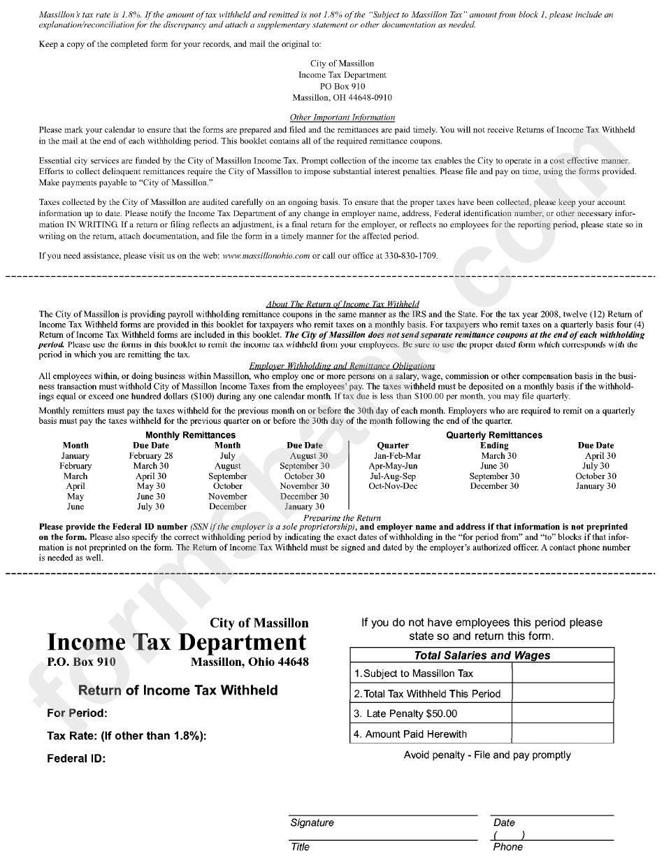 Reconciliation Of City Income Tax Withheld And Transmittal Of W-2 Form