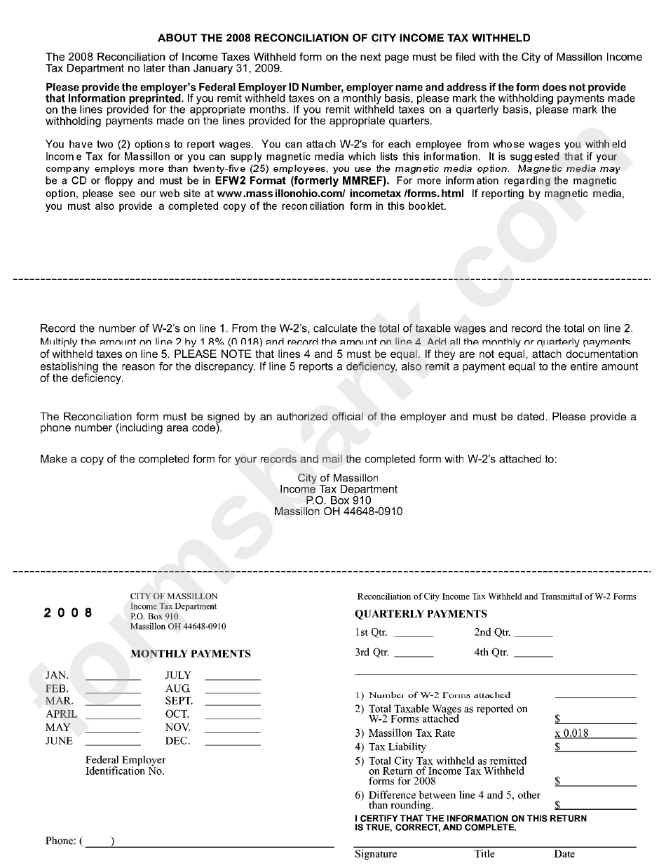 Reconciliation Of City Income Tax Withheld And Transmittal Of W-2 Form