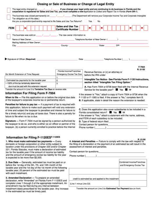 Closing Or Sale Of Business Or Change Of Legal Entity - Florida, Information For Filing Form F-7004, Information For Filing F-1120es Printable pdf