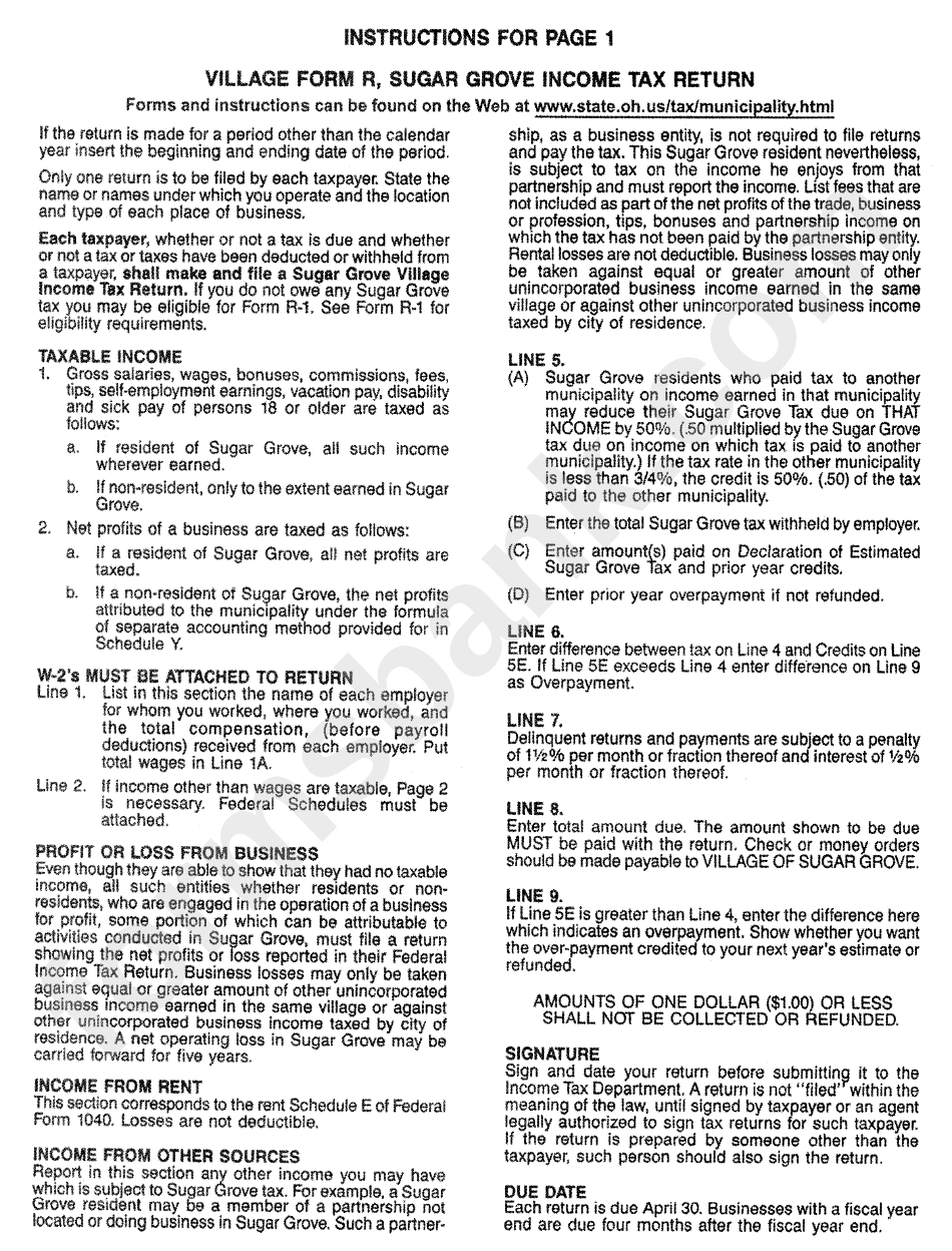 Instructions For Page 1 Village Form R - Sugar Grove Income Tax Return