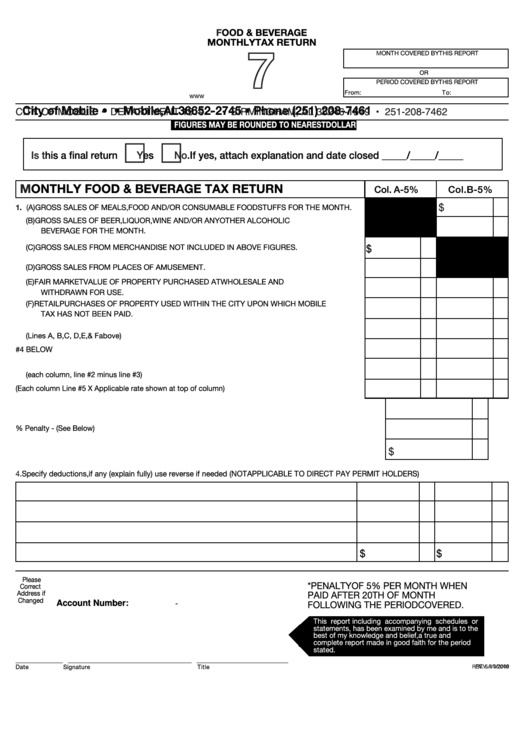 Form 7 - Food & Beverage Monthly Tax Return - City Of Mobile, Alabama Printable pdf