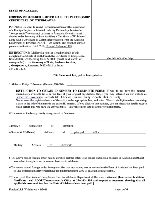 Fillable Foreign Registered Limited Liability Partnership Certificate Form Of Withdrawal - Alabama Secretary Of State Printable pdf