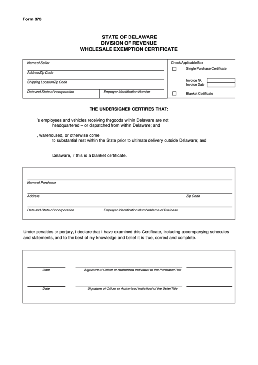 Fillable Form 373 - Wholesale Exemption Certificate Printable pdf
