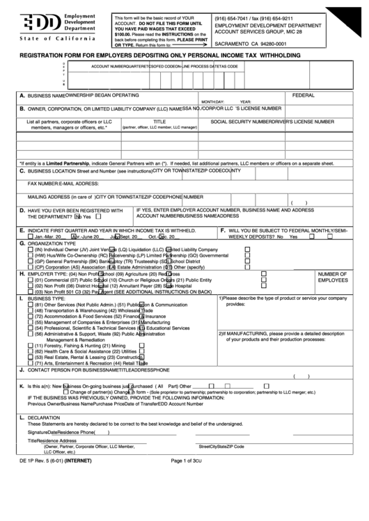 Fillable Form De 1p - Registration Form For Employers Depositing Only Personal Income Tax Withholding - Employment Development Department Of Michigan Printable pdf