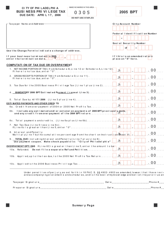 Form Bpt - Business Privilege Tax Printable pdf