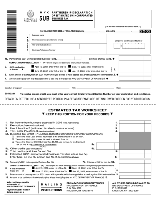 Form Nyc-5ub - Partnership Declaration Of Estimated Unincorporated Business Tax - 2002 Printable pdf