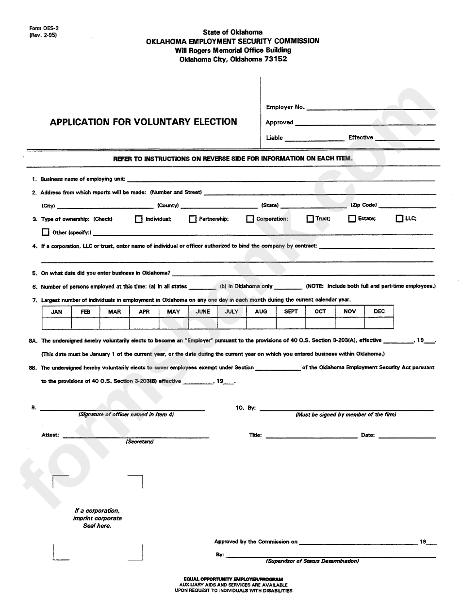 Form Oes2 - Application For Voluntary Election Form