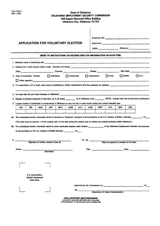 Form Oes2 - Application For Voluntary Election Form Printable pdf