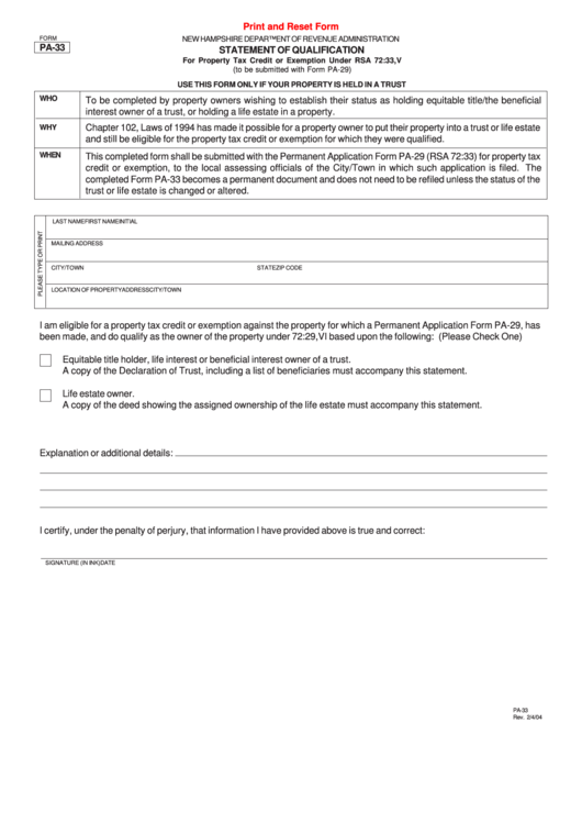 Fillable Form Pa-29-2004 - Statement Of Qualification Printable pdf