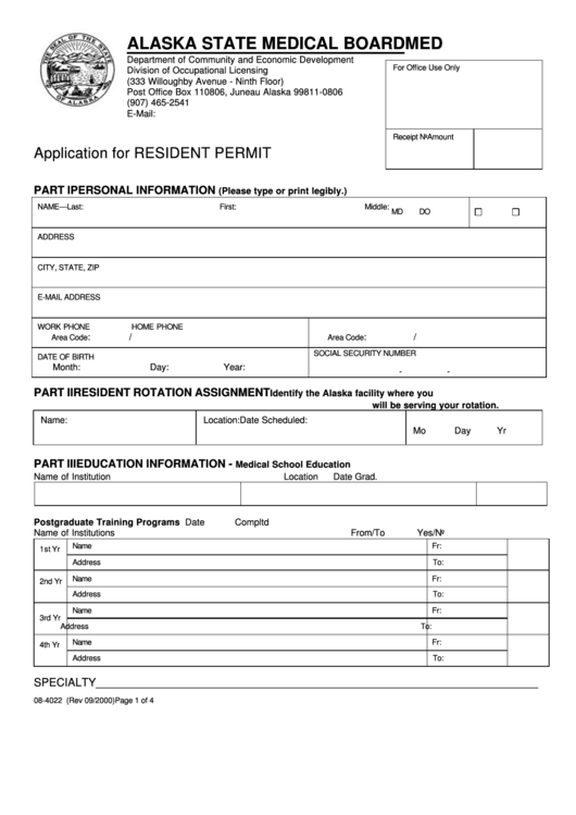 Form 08-4022 - Application For Resident Permit - 2000 Printable pdf