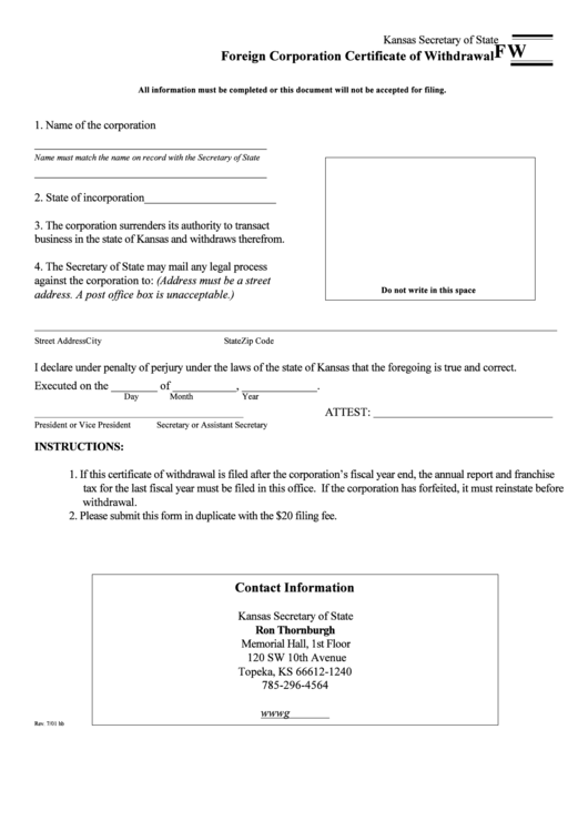 Form Fw - Foreign Corporation Certificate Of Withdrawal - Kansas Secretary Of State Printable pdf