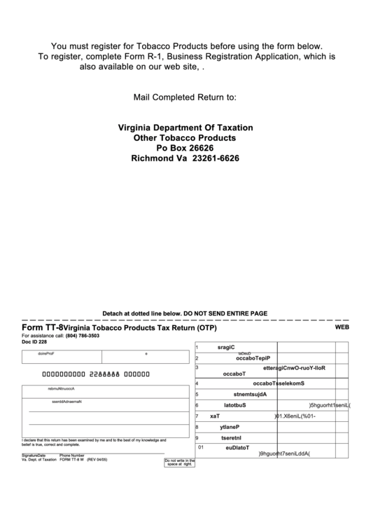 Form Tt-8 - Virginia Tobacco Products Tax Return Printable pdf