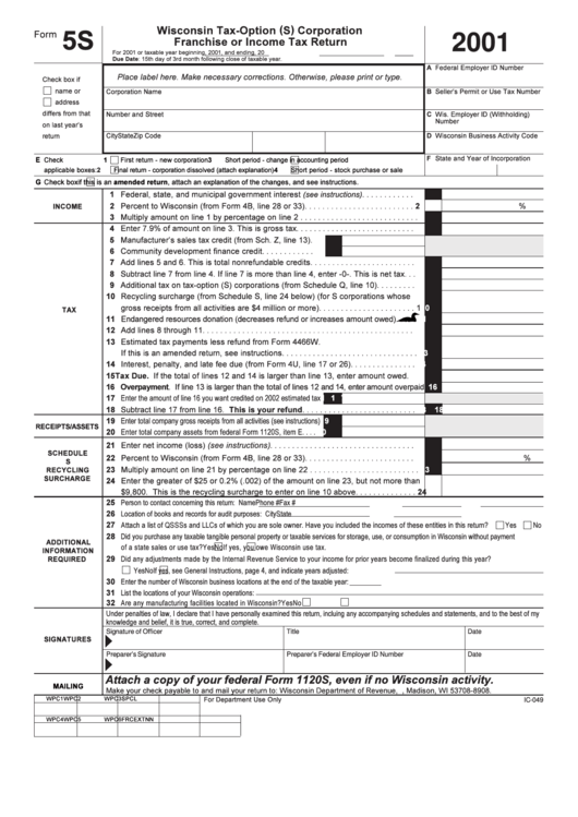 Form 5s - Wisconsin Tax-Option (S) Corporation Franchise Or Income Tax Return - 2001 Printable pdf