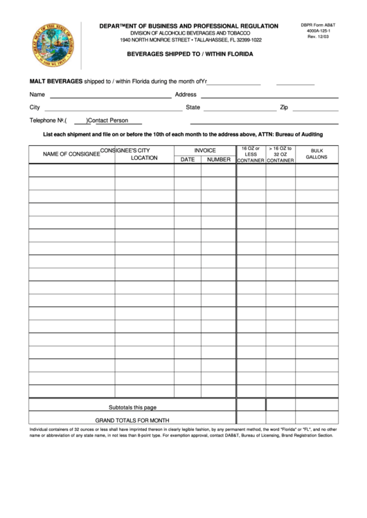 Dbpr Form Ab&t 4000a-125-1 - Beverages Shipped To / Within Florida Printable pdf