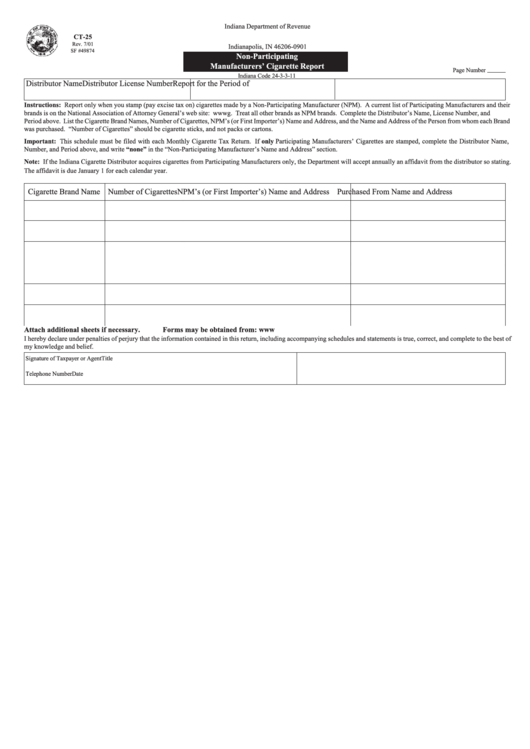 Form Ct-25 - Non Participating Manufacturers Cigarette Report Printable pdf