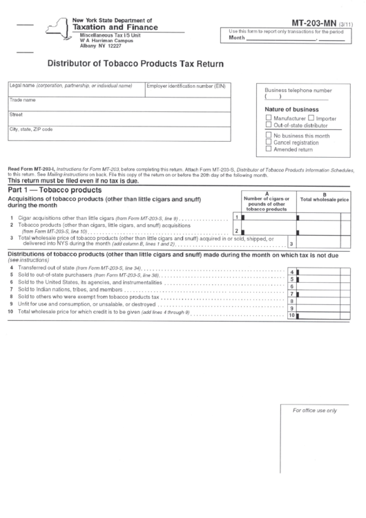 Form Mt-203-Mn - Distributor Of Tobacco Products Tax Return Printable pdf