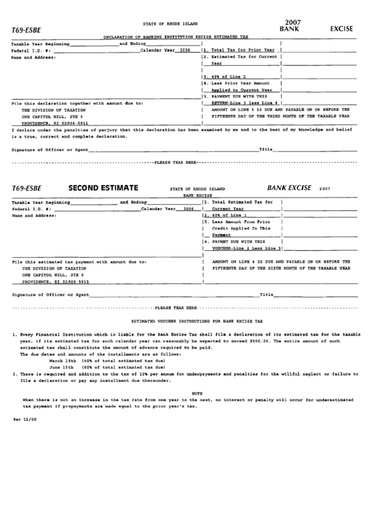 Form T69-Esbe - Declaration Of Banking Institution Excise Estimated Tax Printable pdf