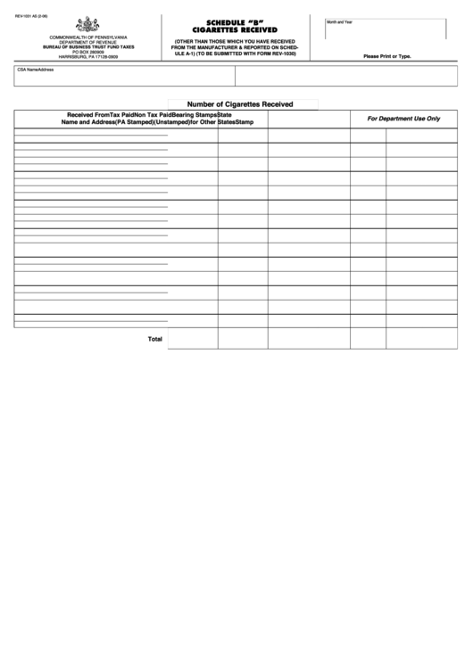 Form Rev-1031 As - Schedule "B" Cigarettes Received Printable pdf