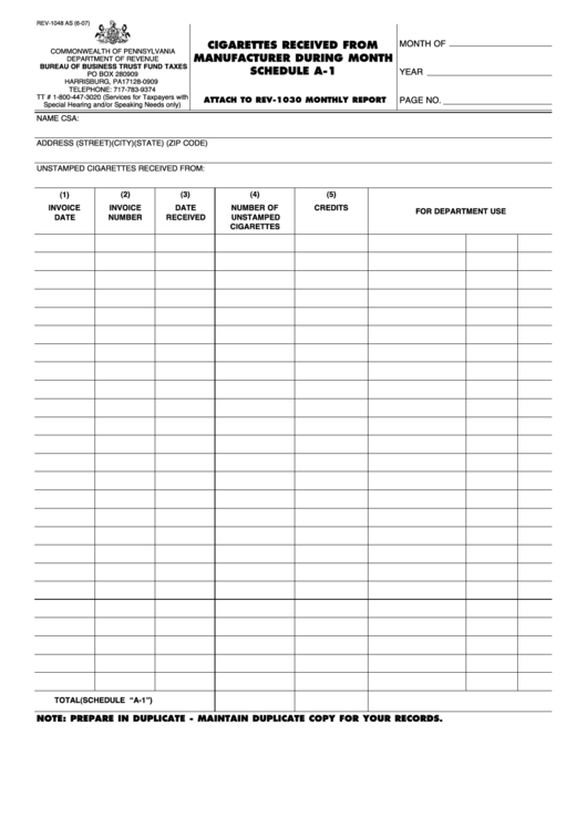 Form Rev-1048 As - Schedule A-1 Cigarettes Received From Manufacturer During Month Printable pdf